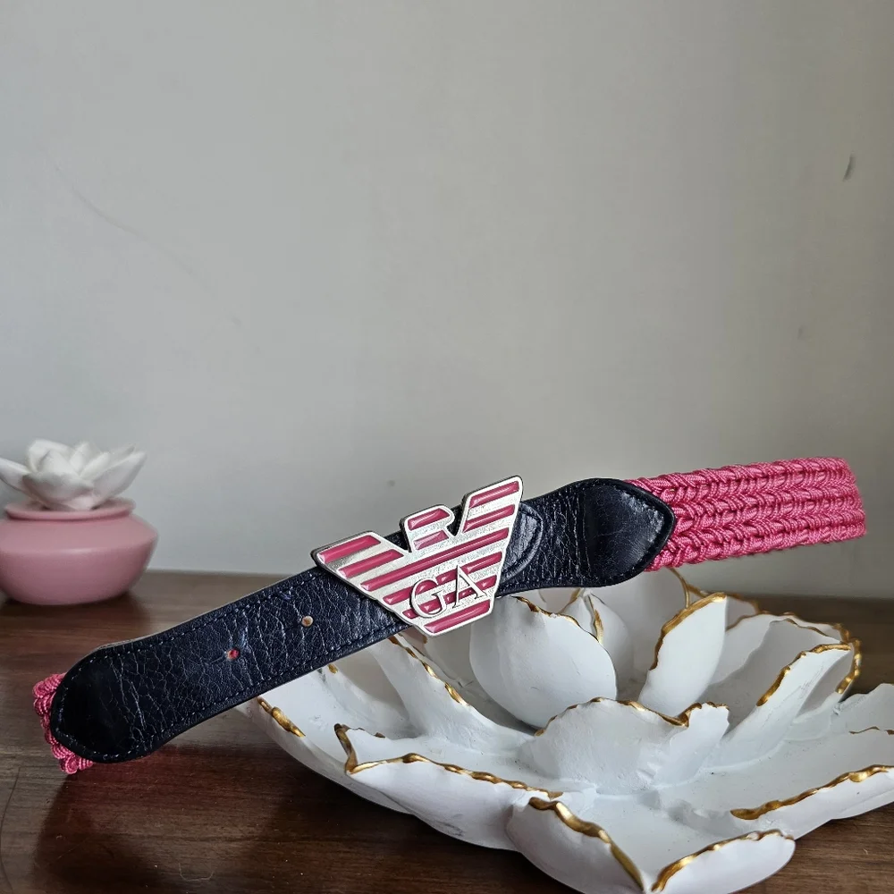 Rare Giorgio Armani Kid's Elastic Waist Pink Braided Logo Eagle Buckle Belt